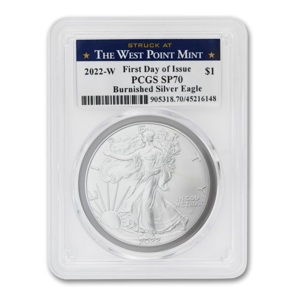 2022 W 1 oz American Silver Eagle Burnished Coin SP70 (First Day of Issue - Struck at The West Point Mint) .999 Silver $1 PCGS SP70