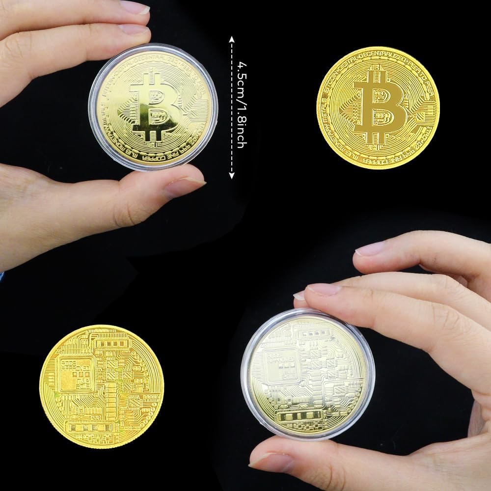 10 Pcs Bitcoin Coin Souvenir Gift with Coin Case, Bitcoin Commemorative Coin, Gold and Silver Plated Bitcoin for Commemoration, Blockchain Cryptocurrency, BTC Collectible Coin