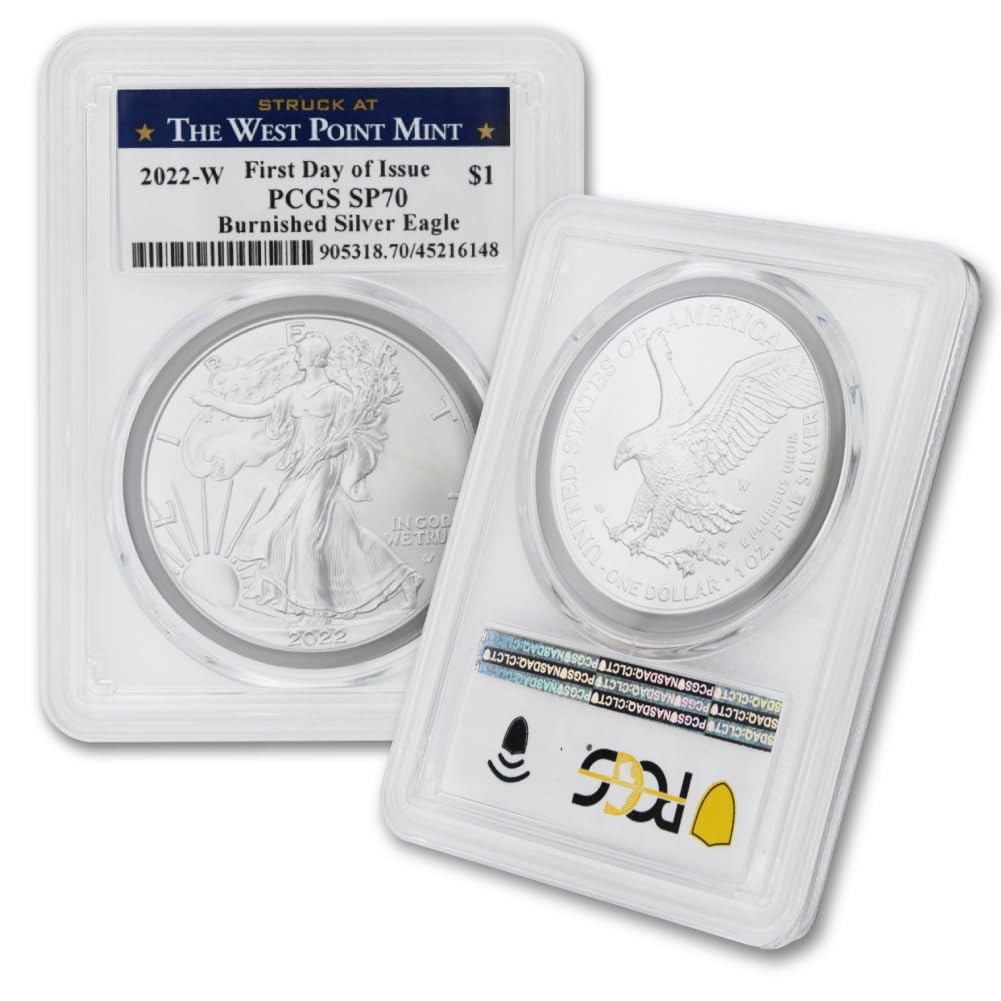 2022 W 1 oz American Silver Eagle Burnished Coin SP70 (First Day of Issue - Struck at The West Point Mint) .999 Silver $1 PCGS SP70
