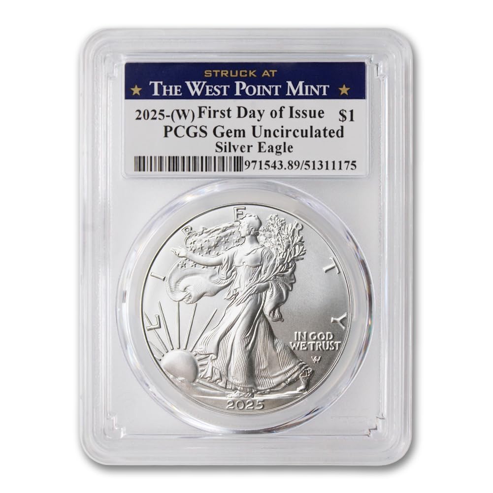 2025 (W) 1 oz American Silver Eagle Coin Gem Uncirculated (First Day of Issue - Struck at the West Point Mint) $1 PCGS GEMUNC