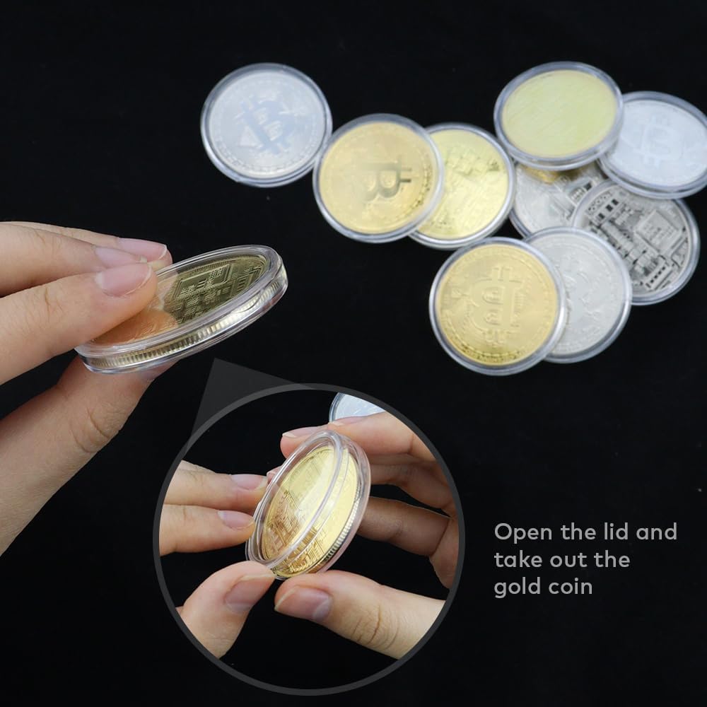 10 Pcs Bitcoin Coin Souvenir Gift with Coin Case, Bitcoin Commemorative Coin, Gold and Silver Plated Bitcoin for Commemoration, Blockchain Cryptocurrency, BTC Collectible Coin