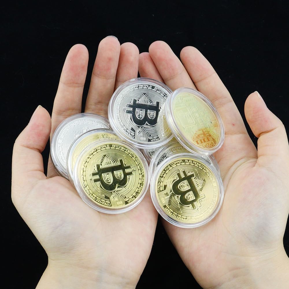 10 Pcs Bitcoin Coin Souvenir Gift with Coin Case, Bitcoin Commemorative Coin, Gold and Silver Plated Bitcoin for Commemoration, Blockchain Cryptocurrency, BTC Collectible Coin