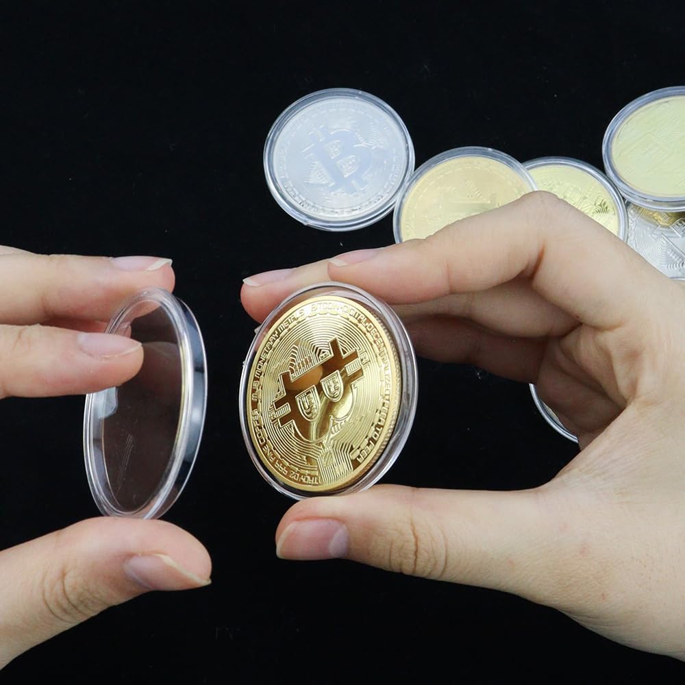 10 Pcs Bitcoin Coin Souvenir Gift with Coin Case, Bitcoin Commemorative Coin, Gold and Silver Plated Bitcoin for Commemoration, Blockchain Cryptocurrency, BTC Collectible Coin