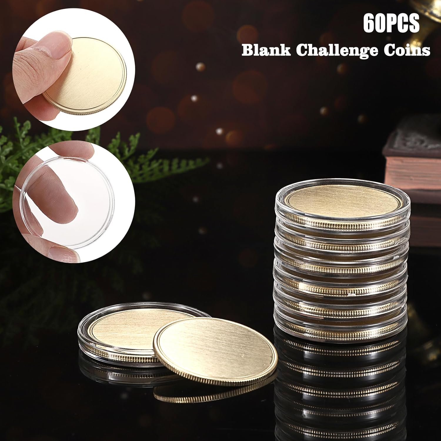 OwnMy 60PCS Blank Challenge Coins for Laser Engraving, 1.6 Inch Engraving Blank Brass Coins Metal Stamping Coins with Acrylic Protection Boxes, Custom Blank Challenge Coins Collections for DIY Crafts