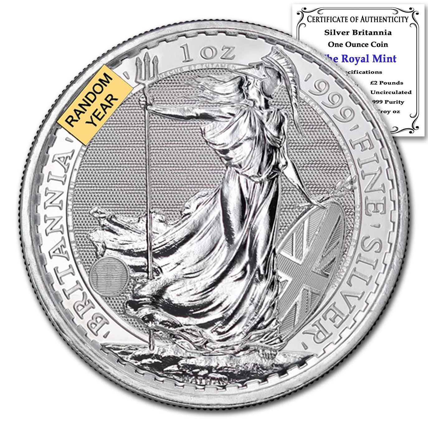 1997 - Present (Random Year) GB 1 oz Silver Britannia Coin Brilliant Uncirculated with Certificate of Authenticity £2 GBP Seller BU