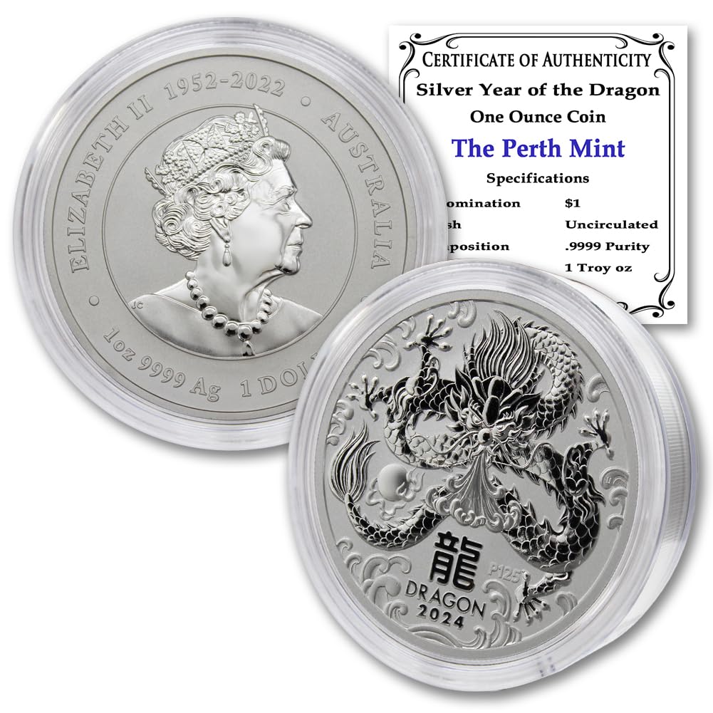 2024 P 1 oz Silver Australian Lunar Series III Year of the Dragon Coin (in Capsule) Brilliant Uncirculated with Certificate of Authenticity $1 Seller BU