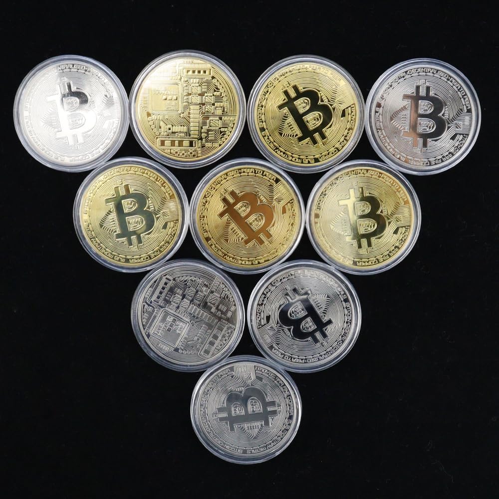 10 Pcs Bitcoin Coin Souvenir Gift with Coin Case, Bitcoin Commemorative Coin, Gold and Silver Plated Bitcoin for Commemoration, Blockchain Cryptocurrency, BTC Collectible Coin