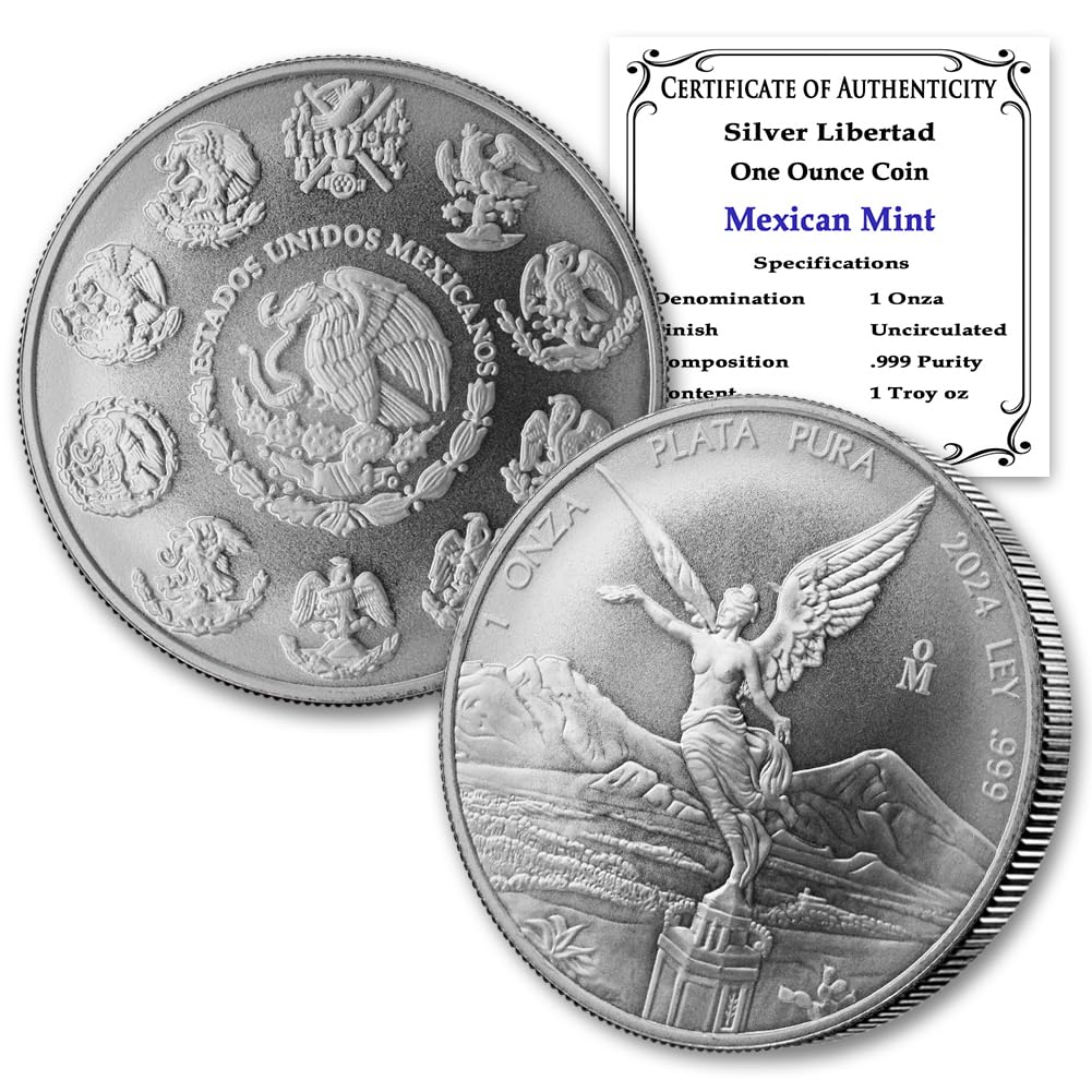 2024 No Mint Mark 1 oz Mexican Silver Libertad Coin Brilliant Uncirculated with Certificate of Authenticity - Moneda de Plata Pura de Ley 1 Onza Seller BU