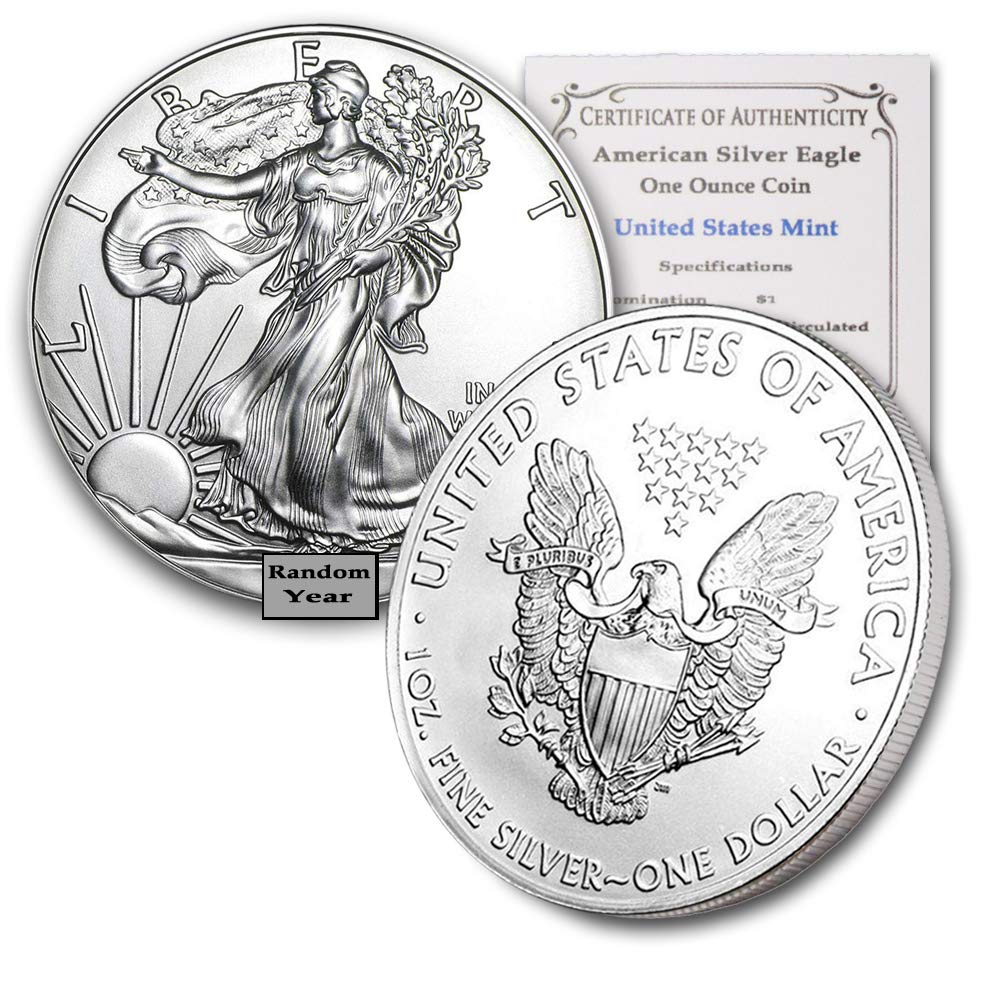 1986-2021 (Random Year) 1 oz American Silver Eagle Coin (Type 1) Brilliant Uncirculated with Certificate of Authenticity $1 Seller BU