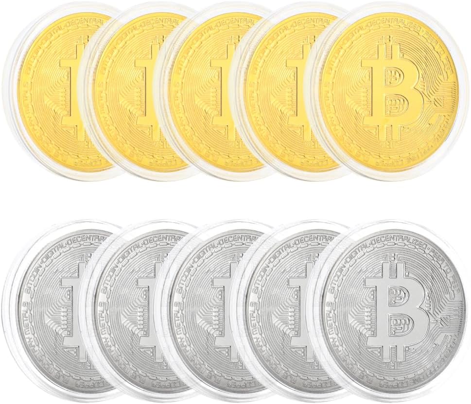 10 Pcs Bitcoin Coin Souvenir Gift with Coin Case, Bitcoin Commemorative Coin, Gold and Silver Plated Bitcoin for Commemoration, Blockchain Cryptocurrency, BTC Collectible Coin