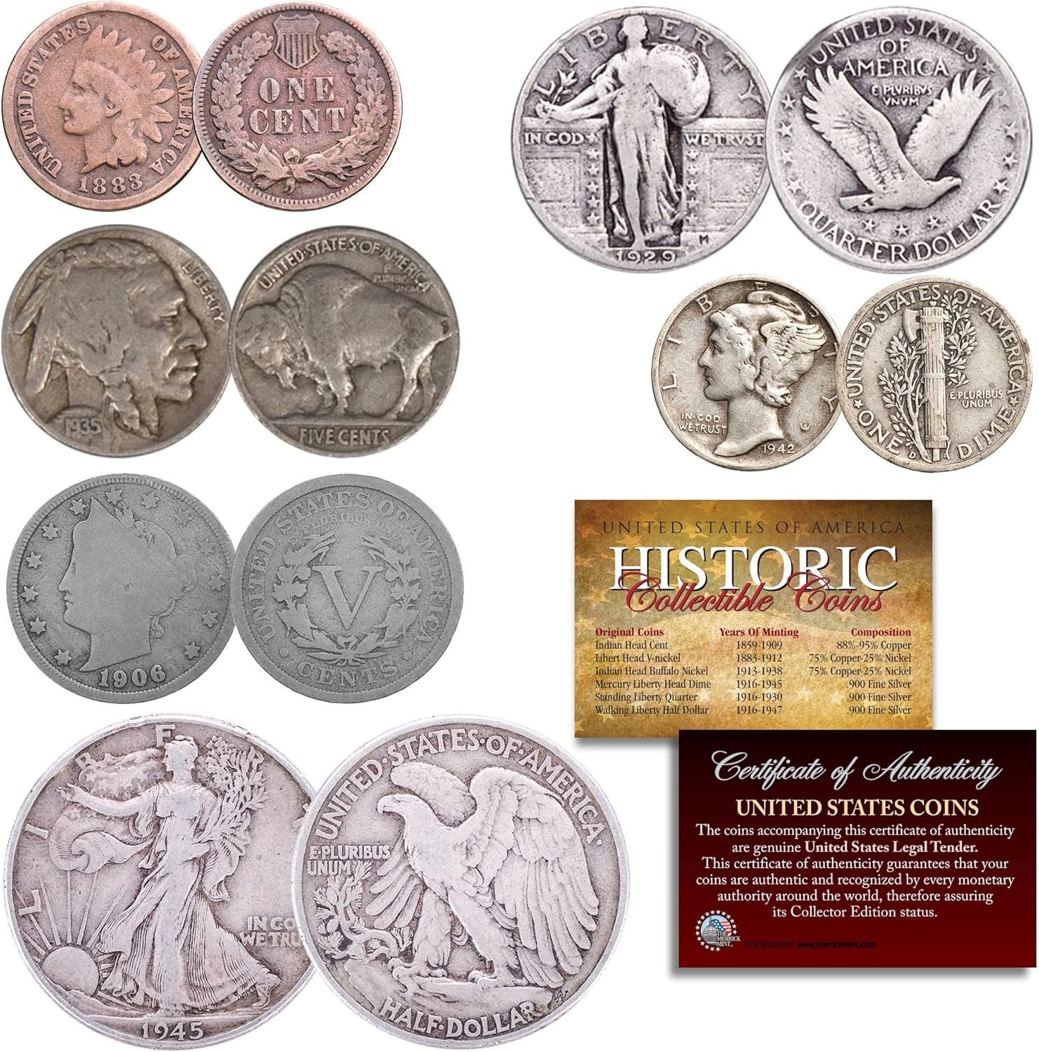 Old U.S. Silver Coins 6 Coin Collection Set - Walking Liberty Half, Standing Liberty Quarter, Mercury Dime, Buffalo Nickel, V-Nickel, Indian Head Cent, All in airtight Capsules with Certificate