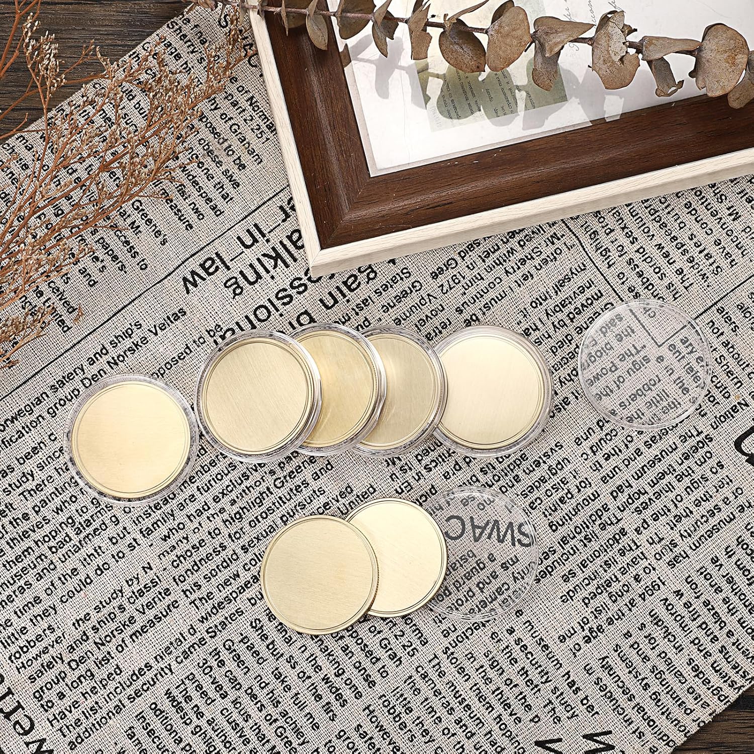 OwnMy 60PCS Blank Challenge Coins for Laser Engraving, 1.6 Inch Engraving Blank Brass Coins Metal Stamping Coins with Acrylic Protection Boxes, Custom Blank Challenge Coins Collections for DIY Crafts